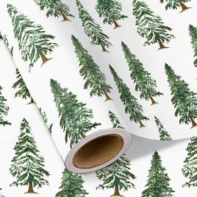 WRAPAHOLIC Kraft Christmas Wrapping Paper - Mini Roll - 17 Inch X 16.5 Feet - Watercolor Christmas Tree Wrapping Paper For Xmas Holiday, Party Celebration