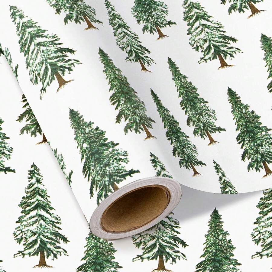 WRAPAHOLIC Kraft Christmas Wrapping Paper - Mini Roll - 17 Inch X 16.5 Feet - Watercolor Christmas Tree Wrapping Paper For Xmas Holiday, Party Celebration