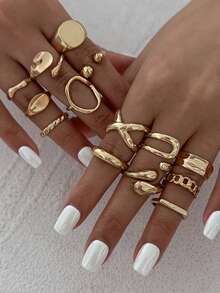 Set de 14 piezas de anillos minimalistas de metal líquido con diseño geométrico liso de lágrima y abrazo, adecuado para uso diario de mujeres, fiesta de aniversario, regalo del Día de San Valentín