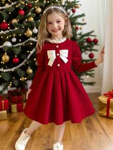 年轻女孩的时尚休闲串珠仿蝴蝶结拼接长袖荷叶边领 A 字裙，适合日常、居家、户外、街头、运动、可爱、度假穿着，春秋季 - 紅色 - 查看 2