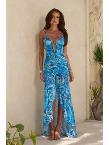 2025 New Retro Prints High Quality One Piece Swimsuit And Skirt Print Deep-V Lace-Up Women Bikini Set Swimwear Bathing Suit - 淺藍色 - 查看 7