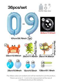 36件套海洋主题生日派对装饰气球，夏季海滩主题生日气球，40英寸浅蓝色0-9数字铝箔气球，迷你章鱼、螃蟹、鱼形气球，18英寸透明泡泡气球，10英寸蓝色乳胶气球，适合婴儿派对、夏季派对装饰 - 藍色 - 查看 2