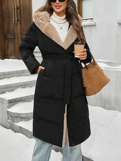 Damen Lange Kapuzen Daunenjacke, elegante Bindegürtel Daunenjacke für den Winter