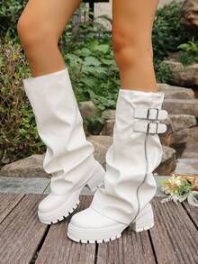 秋冬新款女鞋，时尚圆头厚底过膝长靴，褶皱粗跟黑色/棕色/白色/米色宽松长靴，休闲翻边机车靴，舒适百搭西部牛仔靴，派对靴 - 白色 - 查看 3