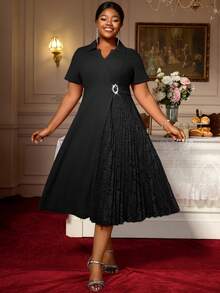 Black Turn Down Collar A Line Dresses Lace Patchwork Short Sleeves Work Business Party Fashion Curve Women - màu đen - Xem 4
