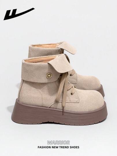  WARRIOR Women's 1 Pair Thick Sole Boots, 2025 Autumn New Arrival, -On Design, Thick Sole, Fashion Short Boots, Outdoor Wear, Fashionable Boots, Retro British Style, Khaki Short Boots