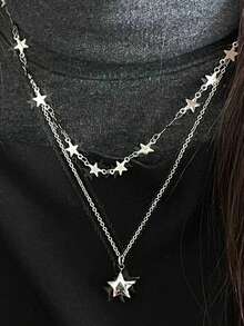 1入組銀金屬手工鏈條帶太陽和月亮吊墜多層項鍊