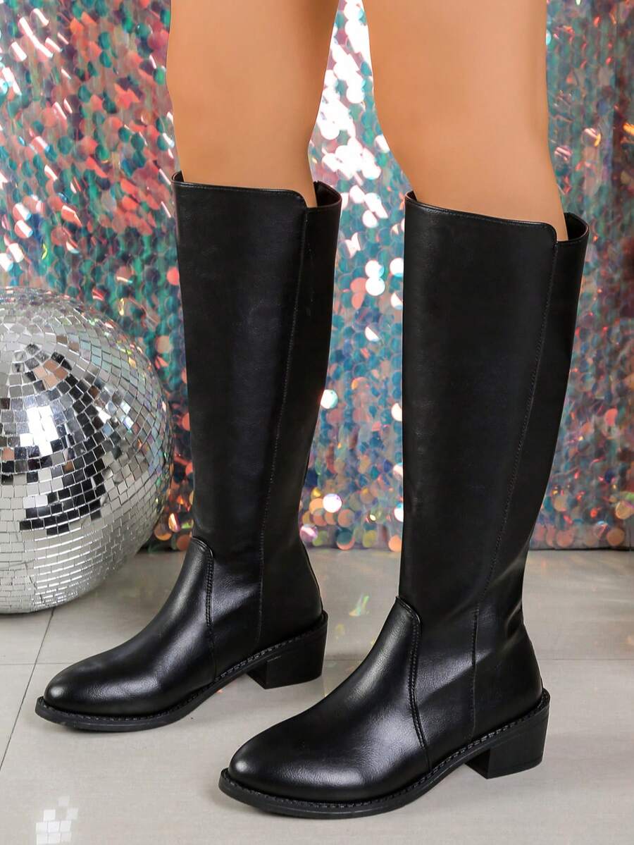 5cm Thick Heel Wide Calf Zipper Back Western Style Knee-High Boots For Women, Pointed Toe Fashion Cowboy Boots, Outdoor Riding Boots - Black - View 1