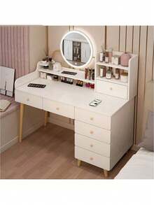 Tocador Compacto Moderno Con Espejo Led 7 Cajones Silla 113x40x100cm - Blanco - Ver 4