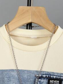 2pcs/Set Boys' Long Sleeve Sweatshirt With Denim Patchwork Design, Paired With Light Blue Washed Denim Pants. Suitable For Casual Everyday Wear, School, Family Gatherings, Spring/Autumn Outings, Can Also Be Worn As Layering In Winter. - Beige - View 3