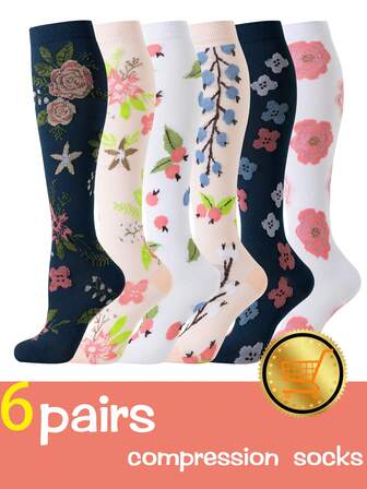6双装护士运动飞行压缩袜，男女通用，透气过膝压缩袜，女士运动花卉压缩袜，适合跑步、骑行、徒步旅行等运动。