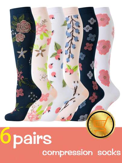 6 أزواج من جوارب الضغط الرياضية للممرضات والرجال، جوارب ضغط طويلة حتى الركبة قابلة للتنفس، جوارب ضغط للممرضات والرياضيين والأطباء مزينة بالأزهار، مناسبة للجري والدراجات والتنزه، جوارب للممرضات