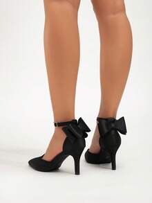 Women's New Black High Heel Shoes, Quality Satin Material, Cute Bow Decor, Minimalist & Versatile, Suitable For Commuting, Office, Workplace, Sexy Party, Closed Toe, Pointed Toe, Stiletto Heel, Suitable For All Seasons - Black - View 5