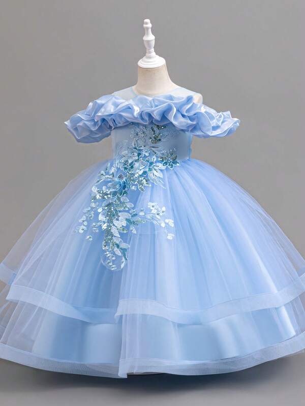 Rochie de petrecere cu imprimeu floral 3D pentru fete tinere, cu umeri goi, din plasă, model patchwork, rochie formală pentru petrecere de ziua de naștere a fetelor cu flori, rochie elegantă de prințesă pentru recital de pian