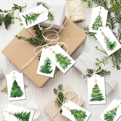 10/60 buc Etichete cadou de Crăciun cu pin în acuarelă și stele aurii - Etichete festive pentru ambalare și decorare cutie, ambalare rustică de cadouri | Etichete artistice pentru cadouri | Etichete cu sfoară naturală