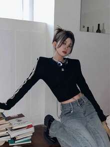 Early Autumn Women's Striped Short Long Sleeve Fitted Top Casual Black Spring - Black - View 2