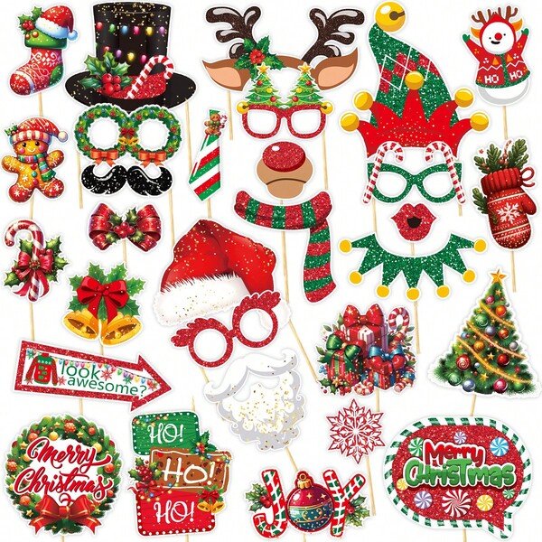 30pcs Christmas Party Funny Photo Props, Christmas Eve Theme Celebration Party Masks, Handheld Decorative Glasses