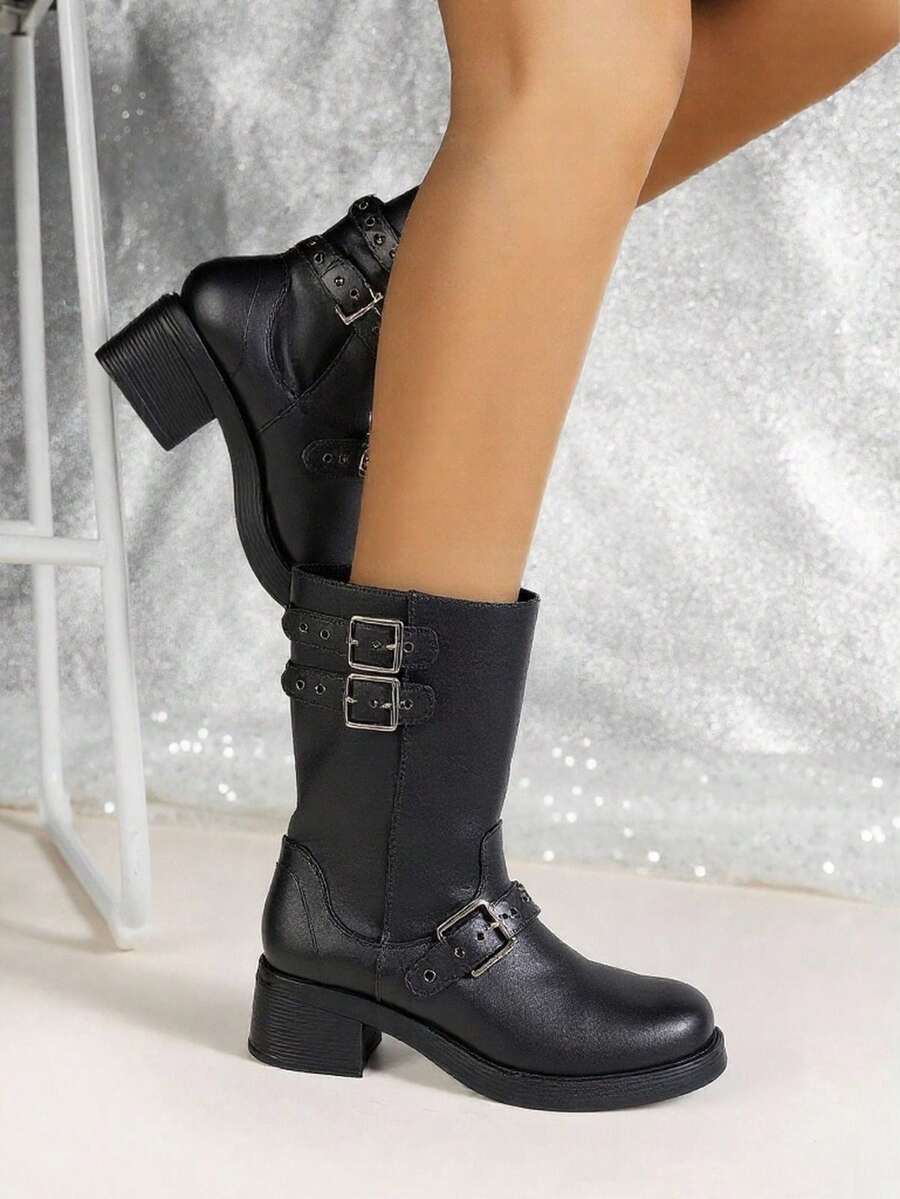 Botín de piel para dama negro con hebilla de moda. - Negro - Ver 1