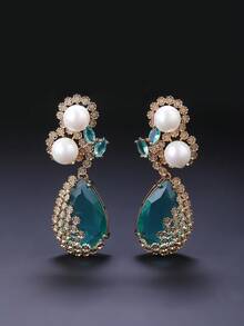 1 Pair Luxury Jewelry Style Copper Inlaid Cubic Zirconia Faux Pearl Pendant Earrings, Suitable For Formal Dresses, Parties And Occasions