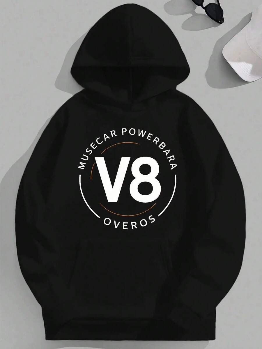 Sudadera con capucha Mussecar Powerbarra para hombres de talla - Patrón de V8, ajuste casual y holgado, manga larga, gris con detalles naranjas, mezcla de poliéster, lavable aáquina, TALLA - Negro - Ver 1