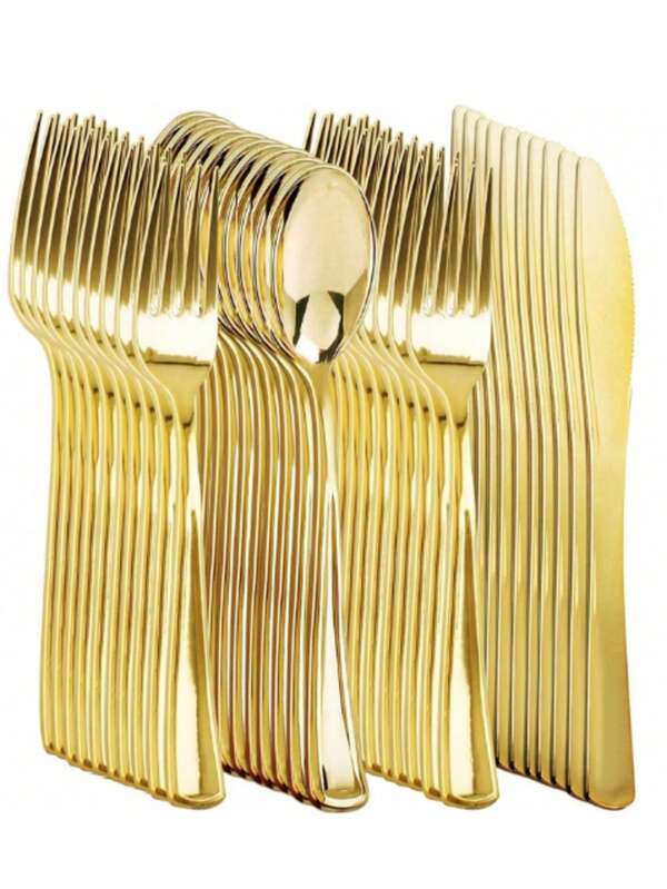 10/25/50/75/100/150pcs Gold Plastic Disposable Cutlery Set, Includes Cake/Salad Forks, Spoons, Knives, 7" And 9" Gold Foil Rimmed Paper Plates, Reusable And Washable, Suitable For Home, Restaurant, Wedding, Birthday, Party, Halloween, Christmas And More