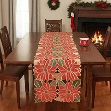 1 Pc Embroidered Poinsettia Christmas Table Cloth, Table Runner, Placemat, Embroidery With Cutworks Patterns, Red Color, Size: 33.46"*33.46", 15.35"*33.46", 15.35"*53.15", 15.35"*69.29", 11.42"*17.32", 100% Polyester, Embroidered Table Cloth, Table Runner, Best Decoration For All Kind Of Tables During Christmas.