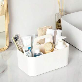 5-Compartment Portable Plastic Storage Basket With Handle - Desktop Organizer Box, Pencil Case And Stationery, Bathroom Storage - Essential For Valentine's Day And Back To School