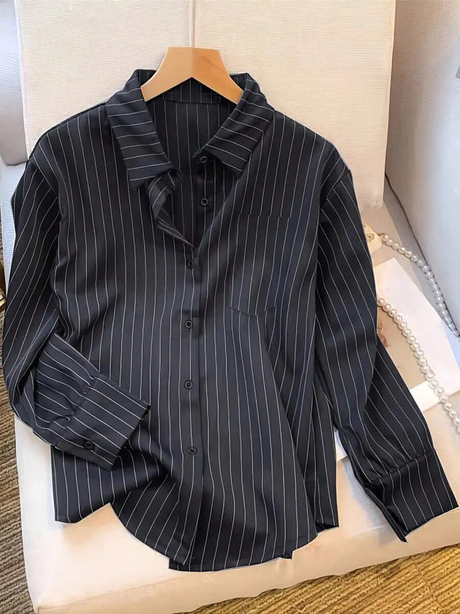 1pc Women's Striped Woven Fabric Button Front Pocket Shirt, Suitable For Spring And Autumn - Black - View 1