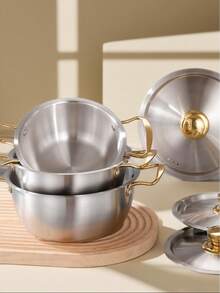 3pcs Stainless Steel Ramen Pot Set (Includes 3 Different Sized Pots: Small Size Can Be Used As Rice Mixing Pot, Baby Food Pot, Etc. Medium Size Can Be Used As Ramen Pot, 2-Person Soup Pot. Large Size Can Be Used As Family Soup Pot, Small Hotpot) - Silver - View 4