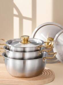 3pcs Stainless Steel Ramen Pot Set (Includes 3 Different Sized Pots: Small Size Can Be Used As Rice Mixing Pot, Baby Food Pot, Etc. Medium Size Can Be Used As Ramen Pot, 2-Person Soup Pot. Large Size Can Be Used As Family Soup Pot, Small Hotpot) - Silver - View 5