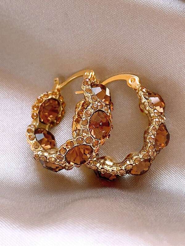 1 Pair Fashionable Coffee-Color Crystal Hoop Earrings, Elegant Earrings For Girl
