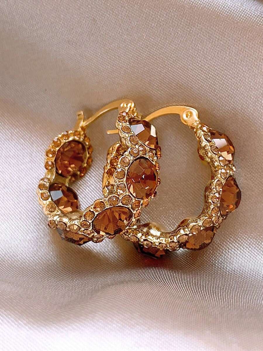 1 Pair Fashionable Coffee-Color Crystal Hoop Earrings, Elegant Earrings For Girl - Earrings - View 1
