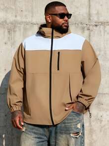 Men Plus Patchwork Long Sleeve Zip-Up Casual Hooded Jacket, Fall - Green - View 3