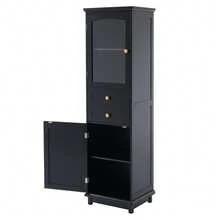 63" Bathroom Storage Cabinet - Bathroom Organizer With Glass Doors, Freestanding, Two Drawers And Adjustable Shelves, Black Lacquer Finish - Perfect For Displaying Your Favorite Things