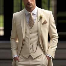 Men's Suit Set - New Arrival Business Casual Elegance Banquet Host Slim-Fit Light Luxury Suit - 米白色西裝+馬甲+西裝褲 - 查看 5