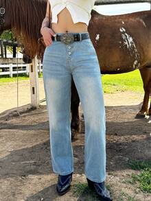 Women's Classic Straight Leg Jeans - Mid Rise Vintage Wash Denim Pants With Single Button Fly & Utility Pockets For Everyday Casual Wear