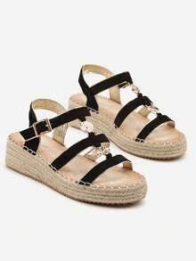 Boho Strappy Wedge Sandals - Women's Summer Casual Beach Shoes - Black - View 5