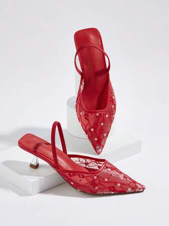 Women's Solid Color Lace Mesh Hollow Kitten Heel Shoes, Elegant Pointed Toe High Heels, Fashionable Ankle Strap High Heels, Formal Occasion Wedding Party Mule Shoes