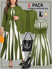 大码女装新款七分袖系带开衫外套搭配不对称条纹印花圆领无袖连衣裙两件套，秋冬优雅春季款 - 軍綠色 - 查看 3