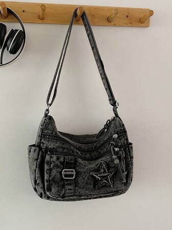 新款休闲时尚柔软牛仔多层斜挎包，带多个口袋，多功能通勤大容量女士单肩包，适合上下班通勤、购物和旅行。