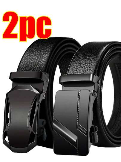2 Stücke Unisex Lässig & Business Automatikgürtel aus PU-Leder, minimalistisches Design, 3,2 cm Breite, einstellbar 110 cm-130 cm, geeignet für Lässig, Business, Schule, Halloween, Sommer, Frühling, Herbst, Winter, Jugendliche, Herren