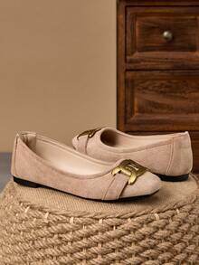 WHDXY 1 Pair Women's Square Toe Slip-On Flats, New Summer Flat Shoes With Metal Buckle, Casual Loafers, Fashionable & Elegant For Party And Daily Wear - Khaki - View 6