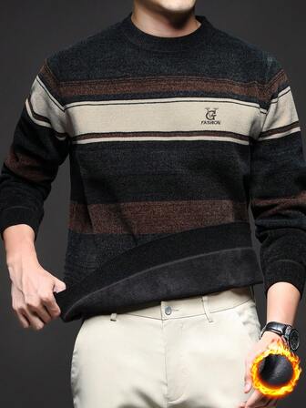 男士厚条纹雪尼尔毛衣，商务通勤及休闲百搭中年针织套头衫，冬季长袖上衣