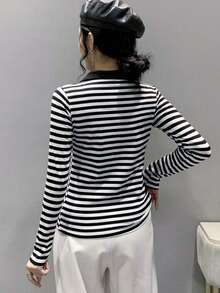 Camiseta de base de cuello polo a rayas de moda para mujer, ajuste ceñido, versátil, manga larga, primavera/otoño