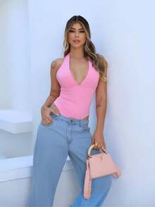 Women's Bodysuit, Plunging Neckline, Polyamide, Halter Neck, Multi-Shape – Elegant Blogger Fashion - Baby Pink - View 6