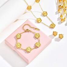 Gold Bracelets Earring Set - 18K Gold Plated Flower Bracelet Chain,Stainless Steel Non Tarnish Floral Pendant Stud Jewelry Sets,Birthday Lucky Mom Wife Daughter Girlfriend - 金子 - 查看 4