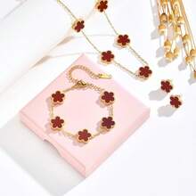 Gold Bracelets Earring Set - 18K Gold Plated Flower Bracelet Chain,Stainless Steel Non Tarnish Floral Pendant Stud Jewelry Sets,Birthday Lucky Mom Wife Daughter Girlfriend - 紅色 - 查看 11