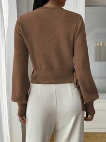 Women's Wrap V-Neck Lantern Sleeve Side Tie Short Knit Sweater, Fashionable Autumn/Winter Knitwear