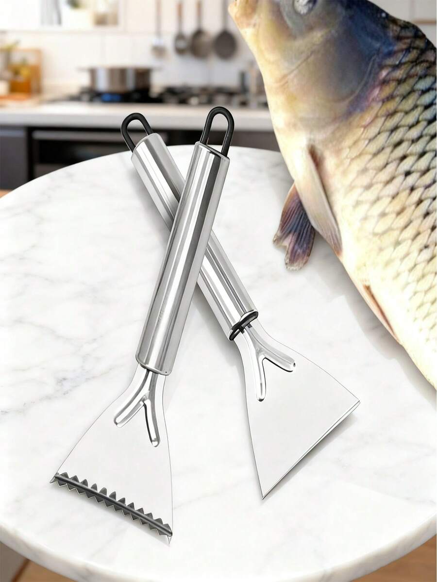 1/2pcs Stainless Steel Fish Scale Scraper Tool, Manual Fish Scaler Knife For Kitchen Household Use - Silver - View 1