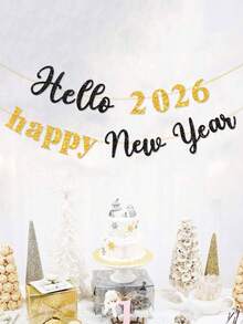 1 件闪光“Hello 2026”新年快乐横幅，新年派对装饰旗 - 黑金色 - 查看 1